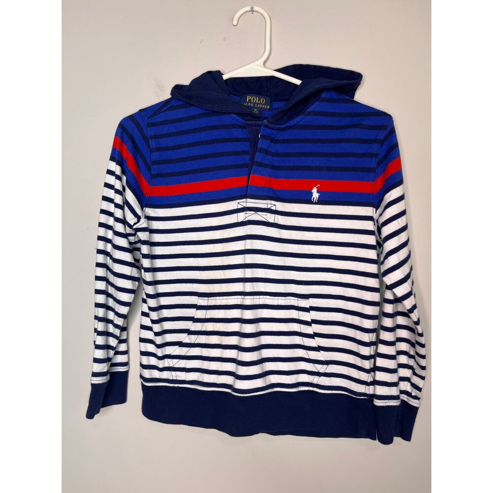 Polo Ralph Lauren Red Blue Stripe Patriotic Rubber Buttons Hoodie Sweater Boys M